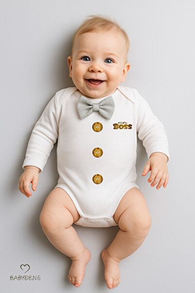 BABYDEN'S Tiny Boss Bow Tie Baby Bodysuit, Button Pattern Printed, Baby Boy L...