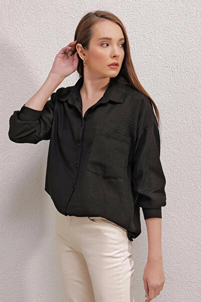hazelin Women's Black Single Pocket Flowy Ayrobin Shirt Hzl23S-Bd1201531