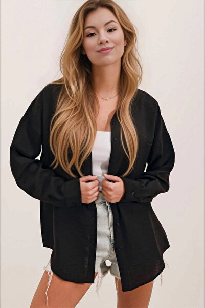 hazelin Black Linen Oversize Shirt - Single Pocket, HZL24S-BD1201531