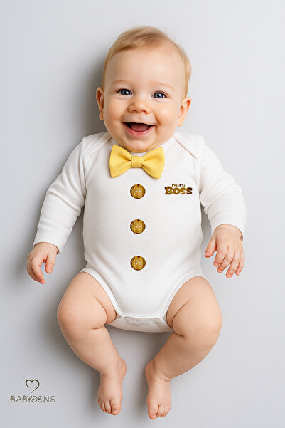 BABYDEN'S Tiny Boss Bow Tie Baby Bodysuit, Button Pattern Printed, Baby Boy L...