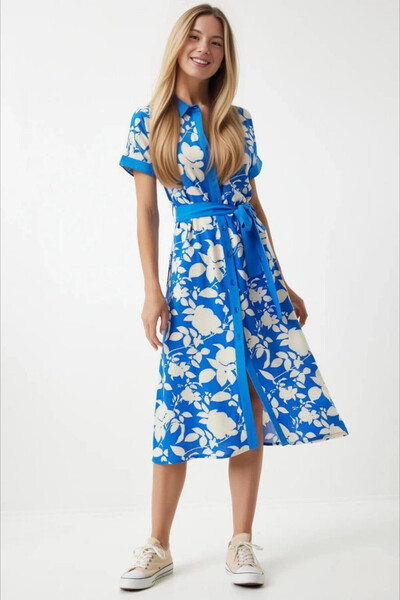 hazelin Rochie de vara din vascoza cu curea albastra cu imprimeu floral - HZL24S-BD124551