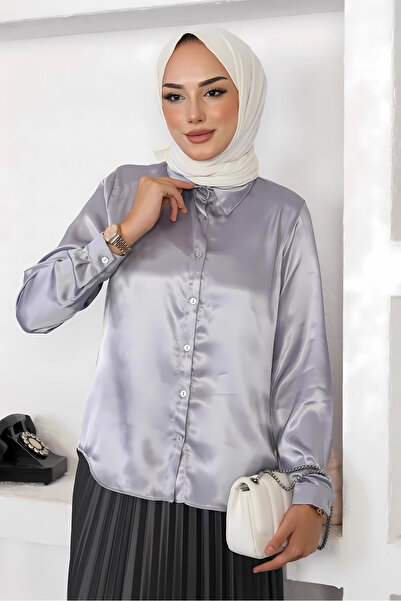 hazelin Kadın Gri Saten Yüzeyli Tesettür Gömlek HZL25W-BD139641