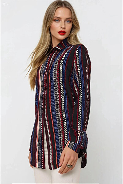 hazelin Women's Black Ethnic Patterned Multicolor Viscose Shirt HZL23W-BD137851