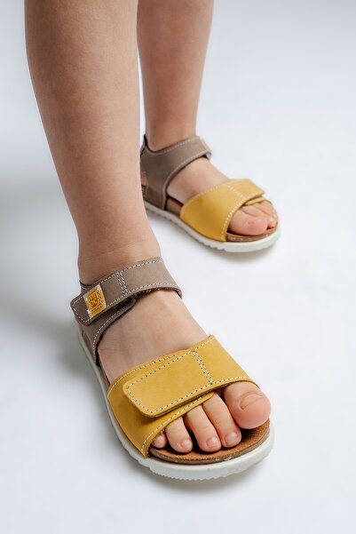 mnpc Unisex Children's Gray-Yellow Genuine Leather Cork Sole Daily Children's Sandals