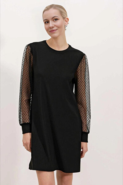 hazelin Black Tulle Sleeve Mini Dress - Crew Neck Hzl24s-bd 124671