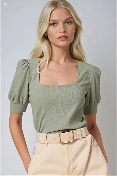 hazelin Γυναικεία πλεκτή μπλούζα με τετράγωνο γιακά σε πράσινο χρώμα HZL22W-BD104091