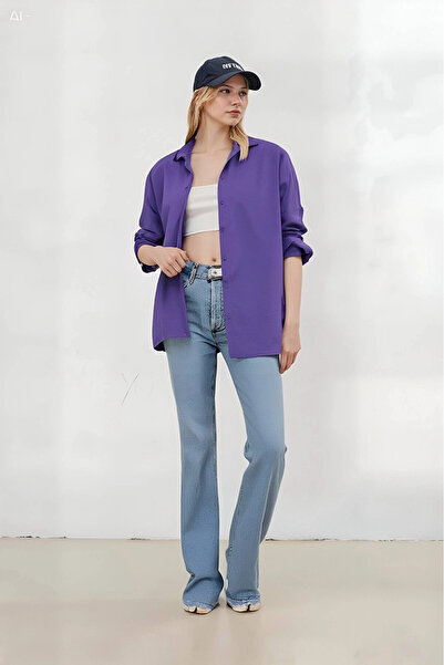 hazelin Kadın Mor Oversize Uzun Basic Gömlek Hzl22w-bd139001