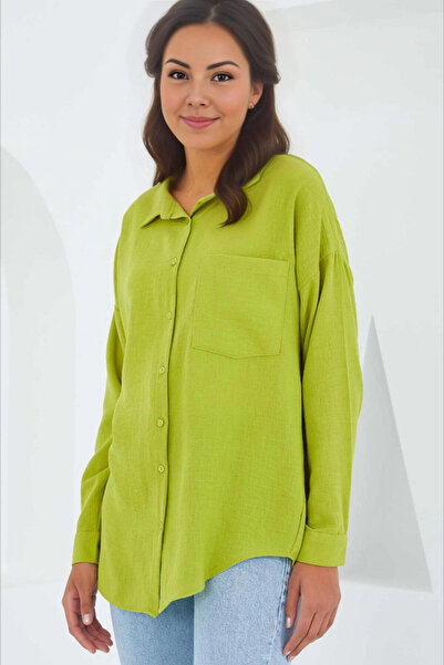 hazelin Λινό πουκάμισο φιστίκι πράσινο oversize - με μία τσέπη, HZL24S-BD1201531