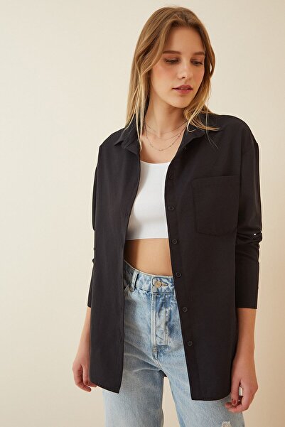 hazelin Women's Black Buttoned Back Boyfriend Poplin Shirt Hzl22S-Bd139521