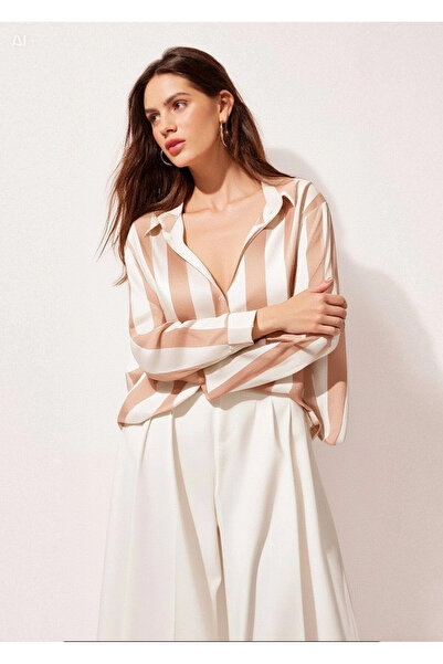 hazelin Women's Beige Cream Striped Satin Shirt Hzl23S-Bd1201731