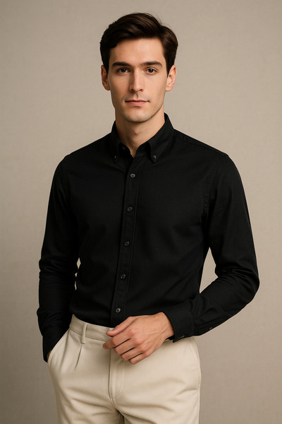 alenmeza Erkek Beyaz Oxford Düğmeli Yaka Pamuk Likra Slim Fit Casual Cepsiz G...