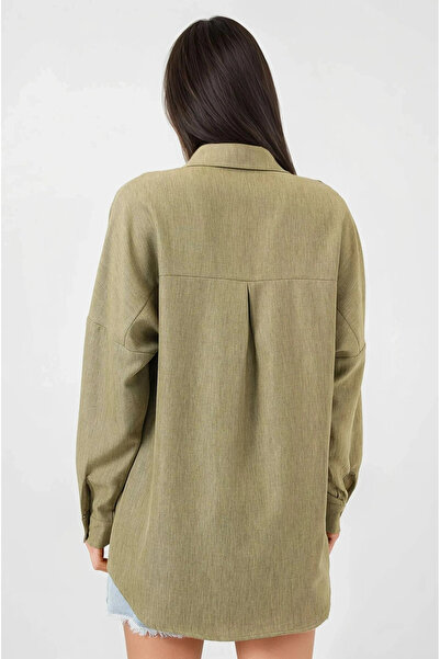 hazelin Women's Green Oversize Double Pocket Linen Shirt Hzl22S-Bd1201261