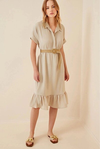 hazelin Women's Mink Shirt Collar Buttoned Straw Belted Ayrobin Dress Hzl22S-Bd122921