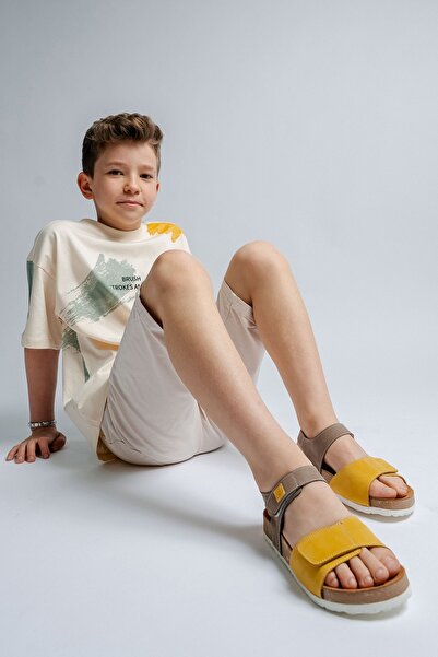 mnpc Unisex Children's Gray-Yellow Genuine Leather Cork Sole Daily Children's Sandals