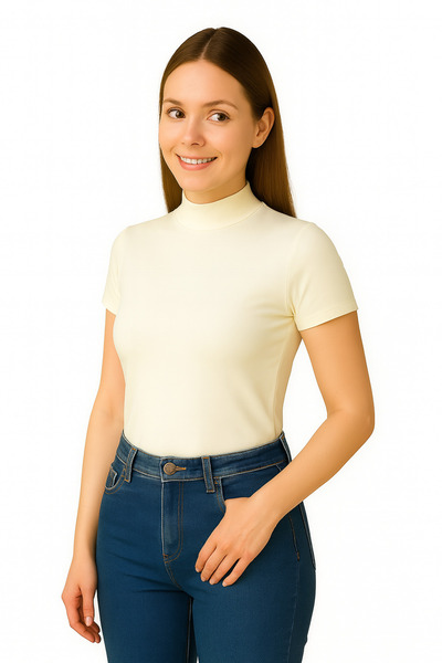 ingegno Body Half Turtleneck Short Sleeve Knitted Fabric Viscose Badi Single Li Ecru Color