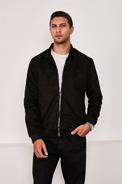 STOCX Men's Suede Fabric Zippered Bomber Jacket