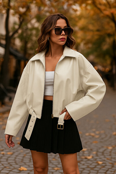 Ceylen Yeni Sezon Oversize Bomber Suni Deri Ceket