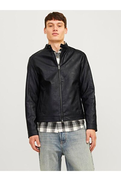 Jack & Jones JACK JONES Herren-Biker-Lederjacke in schwarzer Farbe 12261195