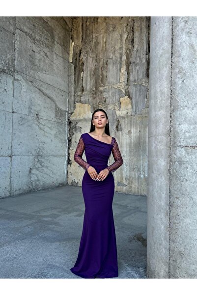 Modafeminen Kadın Esnek Krep Kumaş Kolları Tül Ve Taş Detaylı Önü Drapeli Maxi Boy Balık Abiye Elbise Mor 583118