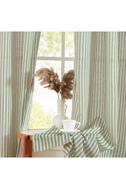 HOME ART ATELIER hand made YEŞİL Çizgili Vintage Keten Perde Pilesiz Fon Perd...