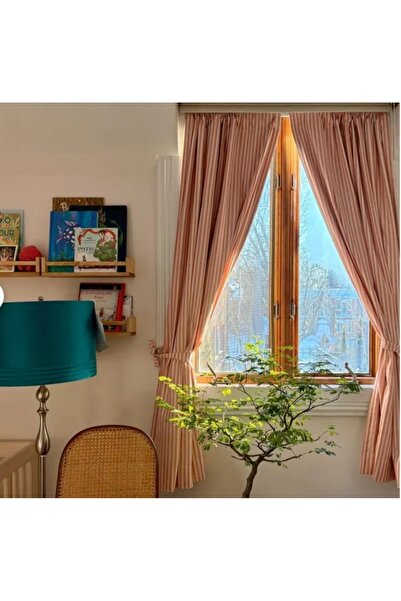 HOME ART ATELIER hand made Turuncu Çizgili Vintage Keten Perde Pilesiz (en X Boy)- Tek Kanat- Pilesiz