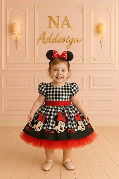NA ADDESIGN Kareli Mickey Mouse Baskılı Kırmızı Tüllü Kabarık Elbise