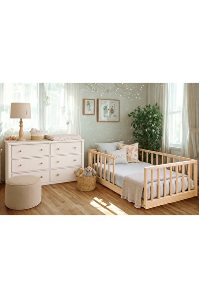 pinoxi 90cm X 190cm Masif Ahşap Naturel Yuvarlak Çıtalı Karyola Çocuk Yatağı 90cmx190cm Doğal Ahşap Natural
