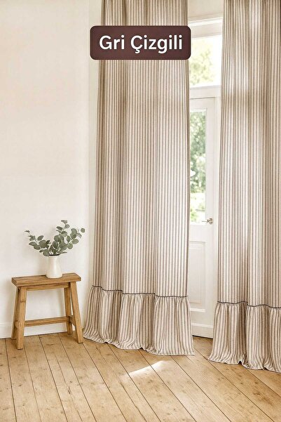 HOME ART ATELIER hand made Fırfırlı GRİ Çizgili Doğal Vintage Keten Fon Perde (EN X BOY) - Tek Kanat - Pilesiz