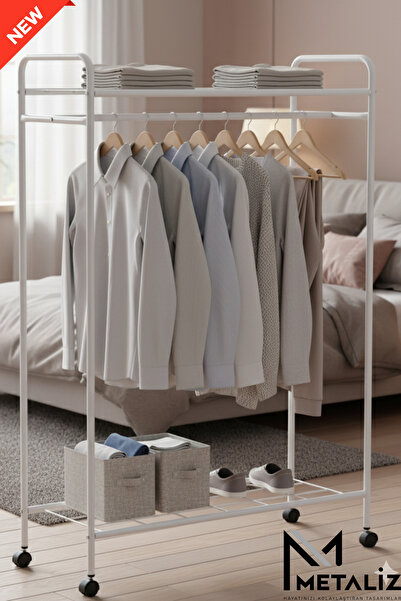 Metaliz Tekerlekli Elbise Askılığı Raflı Ve Taşınabilir Kıyafet Düzenleyici Stant Tekerli Beyaz