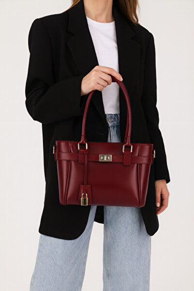 NOTHING Women's Burgundy Hand and Shoulder Bag with Zipper Closure and Lock Charm Detail Lotus