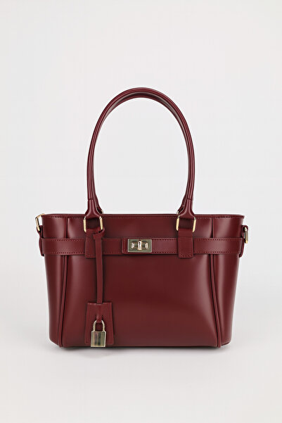 NOTHING Women's Burgundy Hand and Shoulder Bag with Zipper Closure and Lock Charm Detail Lotus