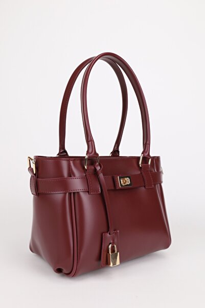 NOTHING Women's Burgundy Hand and Shoulder Bag with Zipper Closure and Lock Charm Detail Lotus