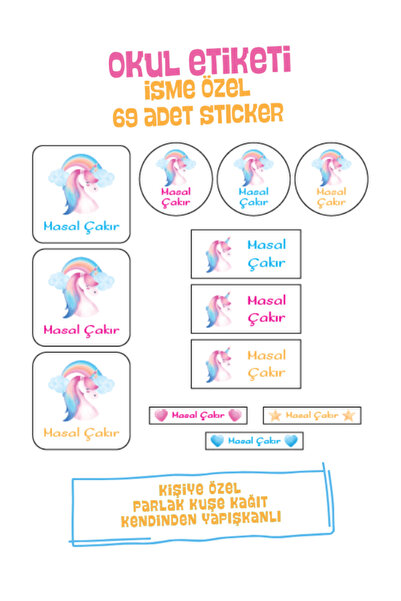 ST Design Unicorn Temalı Kişiye Özel İsimli Okul, Kreş Etiketi, Kalem Etiketi...