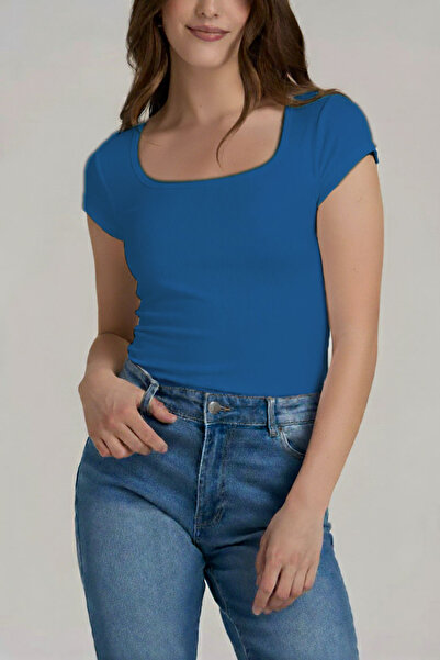 CHEISU المرأة الأزرق قصيرة الأكمام ساحة الرقبة تي شيرت بلوزة قميص قصير مضلع