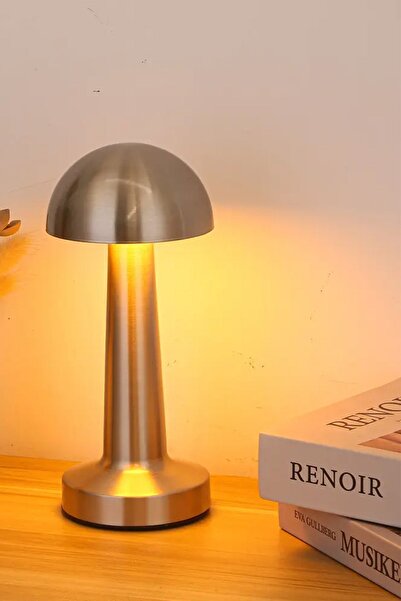 Neovista Mantar Model Retro Masa Lambası Mat Gümüş Dimmerli Şarjlı Dekoratif Dokunmatik