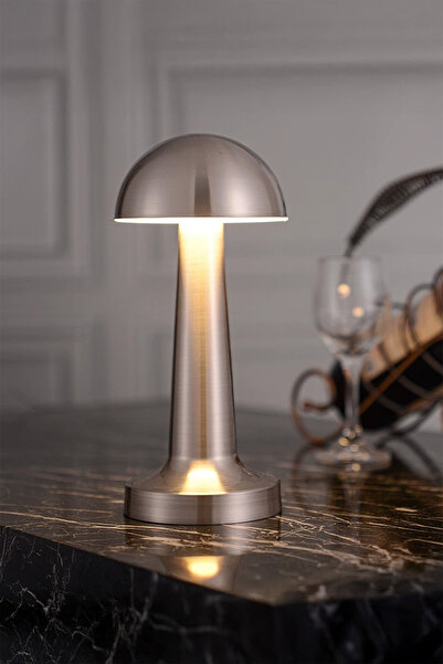 Neovista Mantar Model Retro Masa Lambası Mat Gümüş Dimmerli Şarjlı Dekoratif Dokunmatik