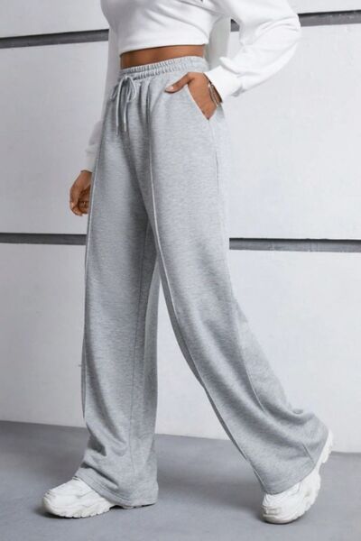 kallima Gri Yüksek Bel Çimalı Bol Paça Mevsimlik Iki Iplik Bağcıklı Eşofman Altı