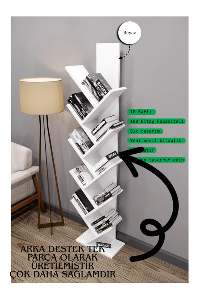 BAGAX Likya Model, Beyaz Renk, 10 Raflı Dekoratif Kitaplık