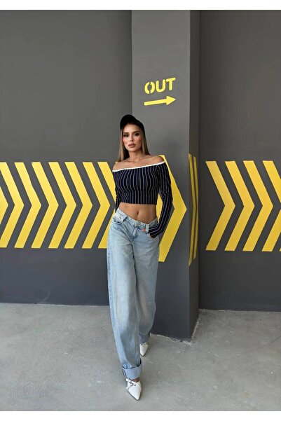 İLKCET MODA Смугаста темно-синя тканина Ottoman Madonna Crop