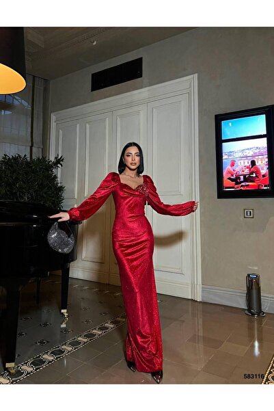 Modafeminen Rochie de seară din catifea cu sclipici, cu un singur piept, roșu...