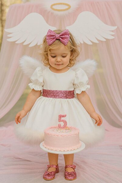 NA ADDESIGN Beyaz, Etek Ucu Tüylü, Payet Detaylı Kız Çocuk Abiye Elbise, Melek ELbise