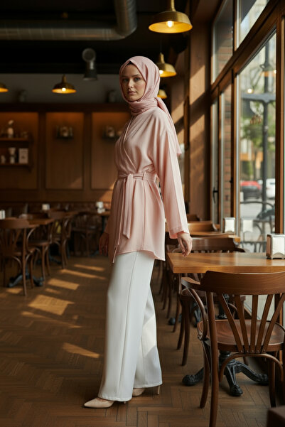 Zeneva Collection Açık Somon - %100 Pamuk Cepli Kemerli Kadın Tesettür Kimono 1166-TES