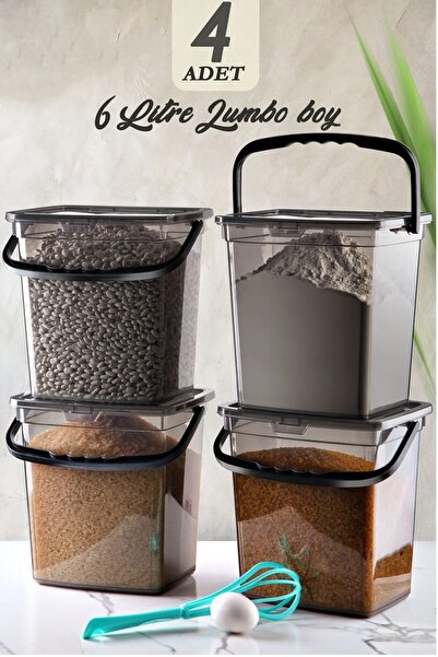 Stile Cucina Mega Size 4-Piece Square Flour Pulses Container 6 Liters - Detergent Storage Box with Handle Anthracite