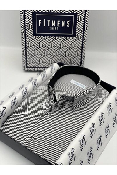 Fitmens قميص رجالي كلاسيكي مخطط بأكمام قصيرة مع علبة هدايا FS-003005 - أسود