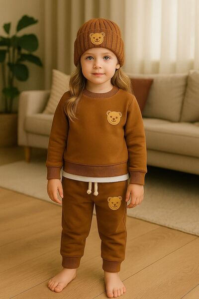 ŞAPKAKİDS Premium Teddy Brown 3-Piece Tracksuit Set