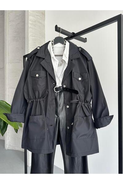 FERZOLAİO Ayarlanabilir Büzgülü Safari Siyah Trençkot
