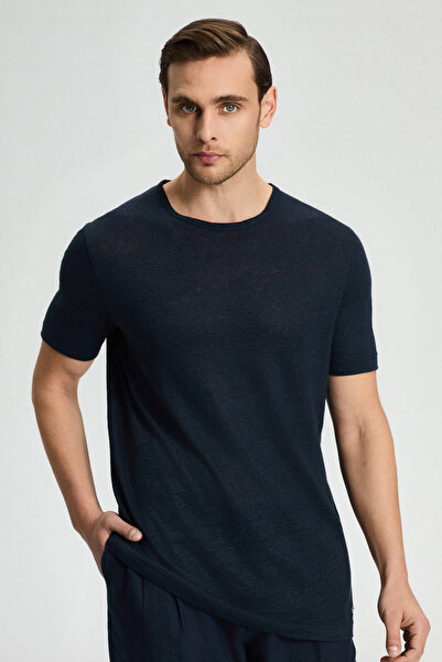 Hemington Pure Linen Navy Blue Crew Neck T-Shirt