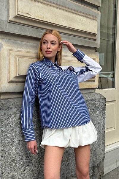 VAGGON Γυναικείο μακρυμάνικο πουκάμισο με ριγέ αντίθεση με ασύμμετρο κουμπί με λεπτομέρεια Vs00918