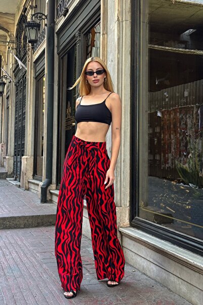 VAGGON Women's Red Patterned Elastic Waist Lace-Up Wide Leg Comfortable Cut Trousers Vs00916