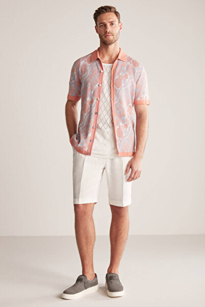 Hemington Linen Blend Button Detail Orange-White Short Sleeve Shirt